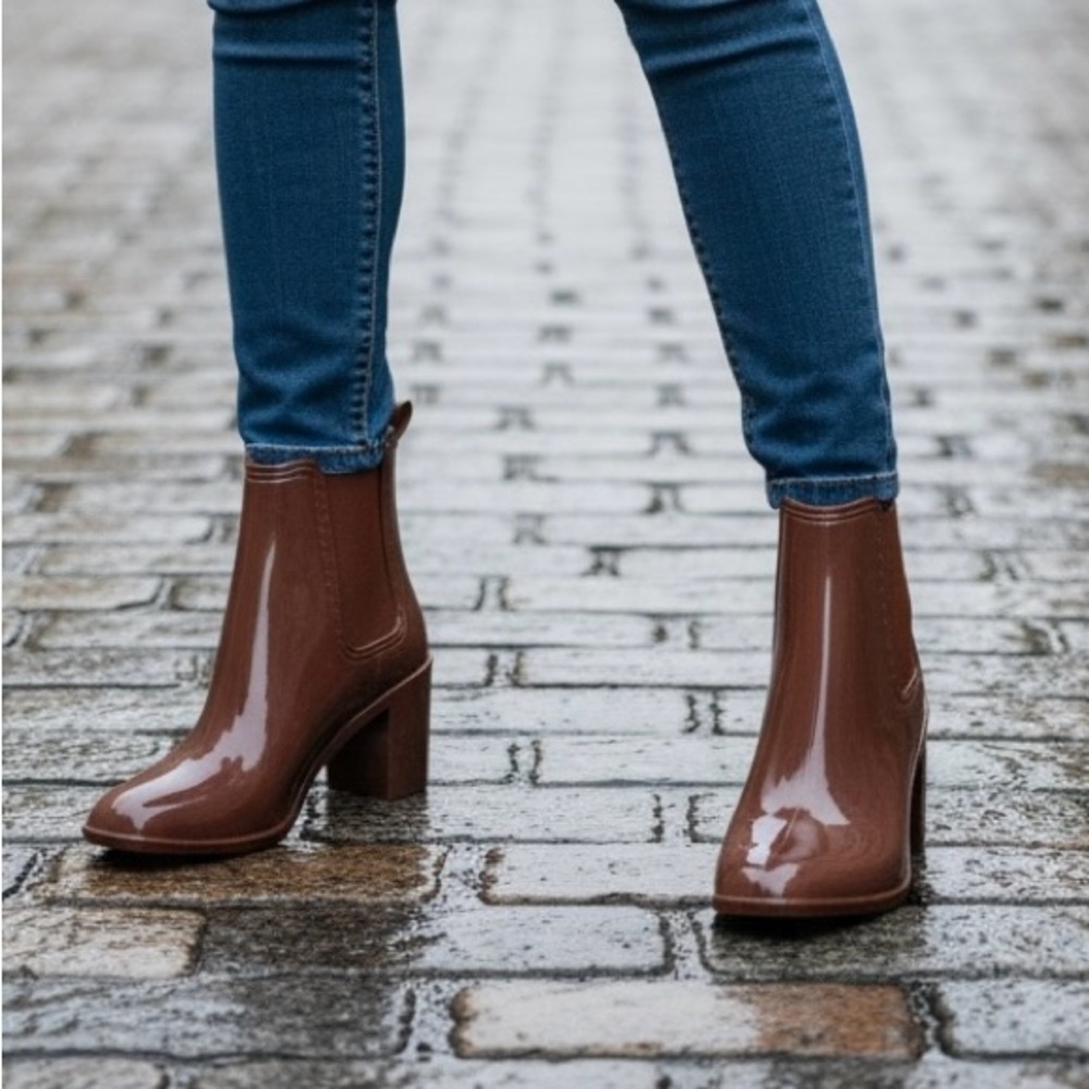 Jeffrey Campbell Chocolate Brown Block Heel Women's Ankle RainBoots Size 6